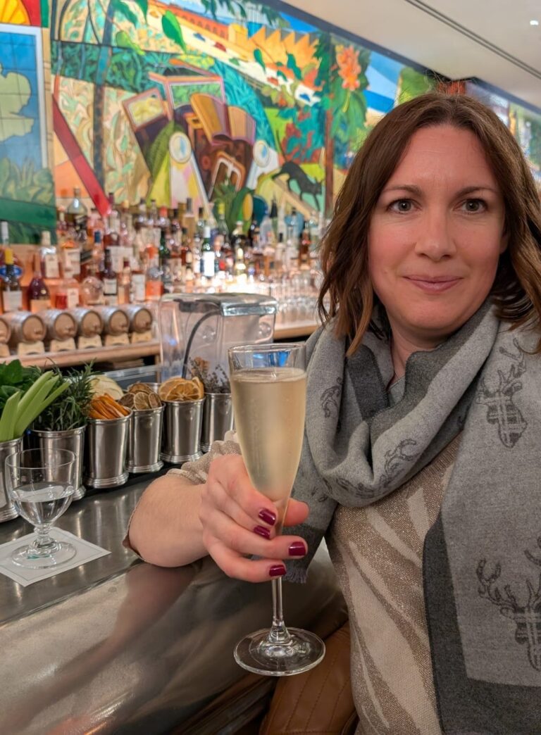 Woman holding a glass of sparkling wine sitting at a bar